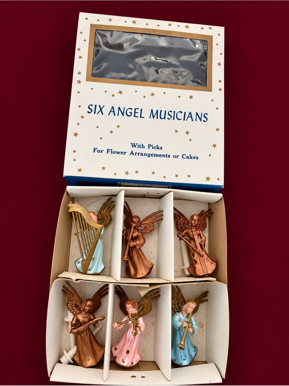 Vintage SSCO Hong Kong Six Angel Musicians Cake Picks Original Box